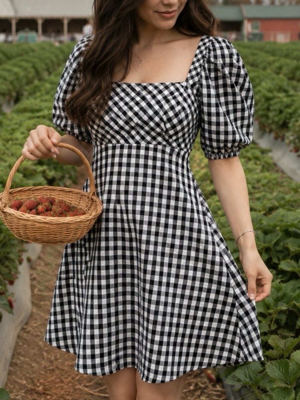 Altar'd State Black & White Gingham Square-Neck Puff Sleeve Mini Dress